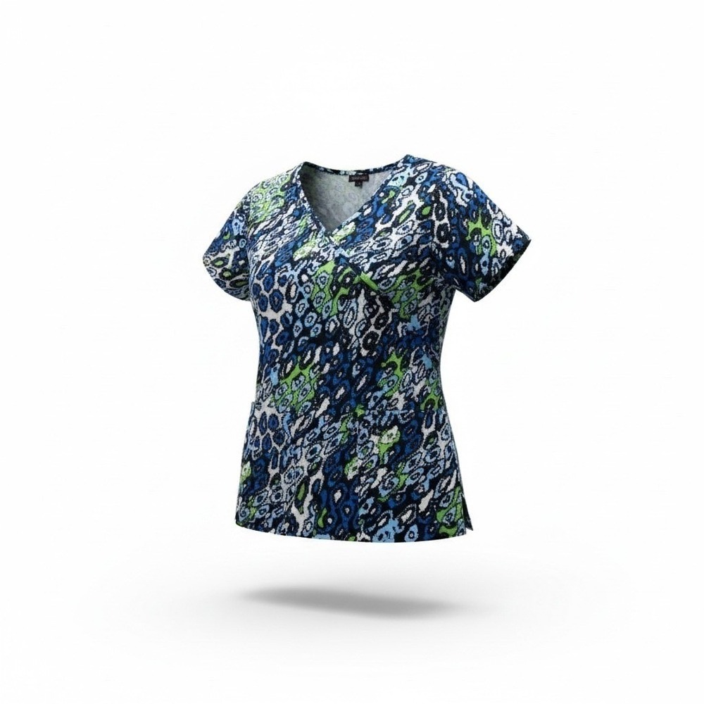 Flex Scrub Top Women's Short Sleeve V Neck Animal Print Blue Green SM